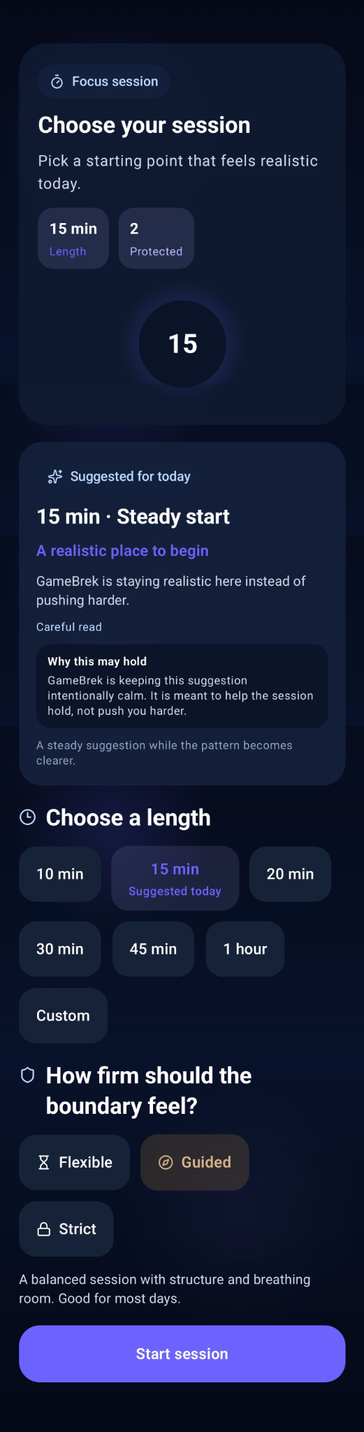 GameBrek focus session screen showing duration suggestions and boundary choices