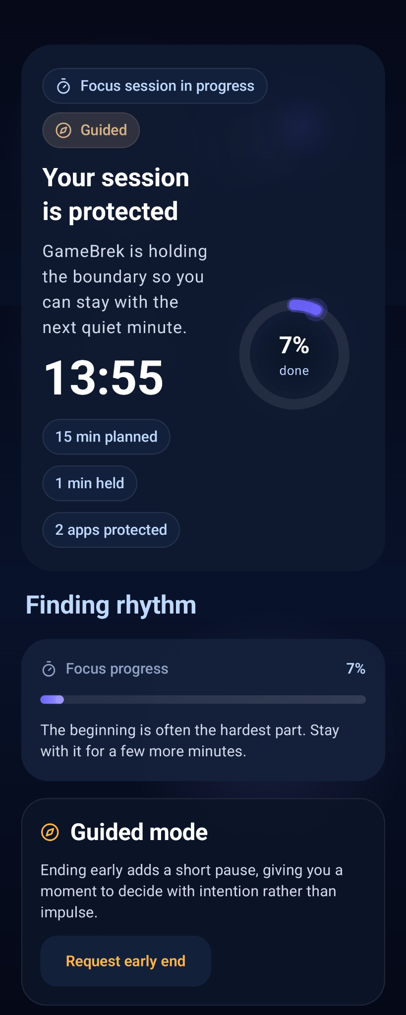 GameBrek guided active session screen showing protected focus in progress